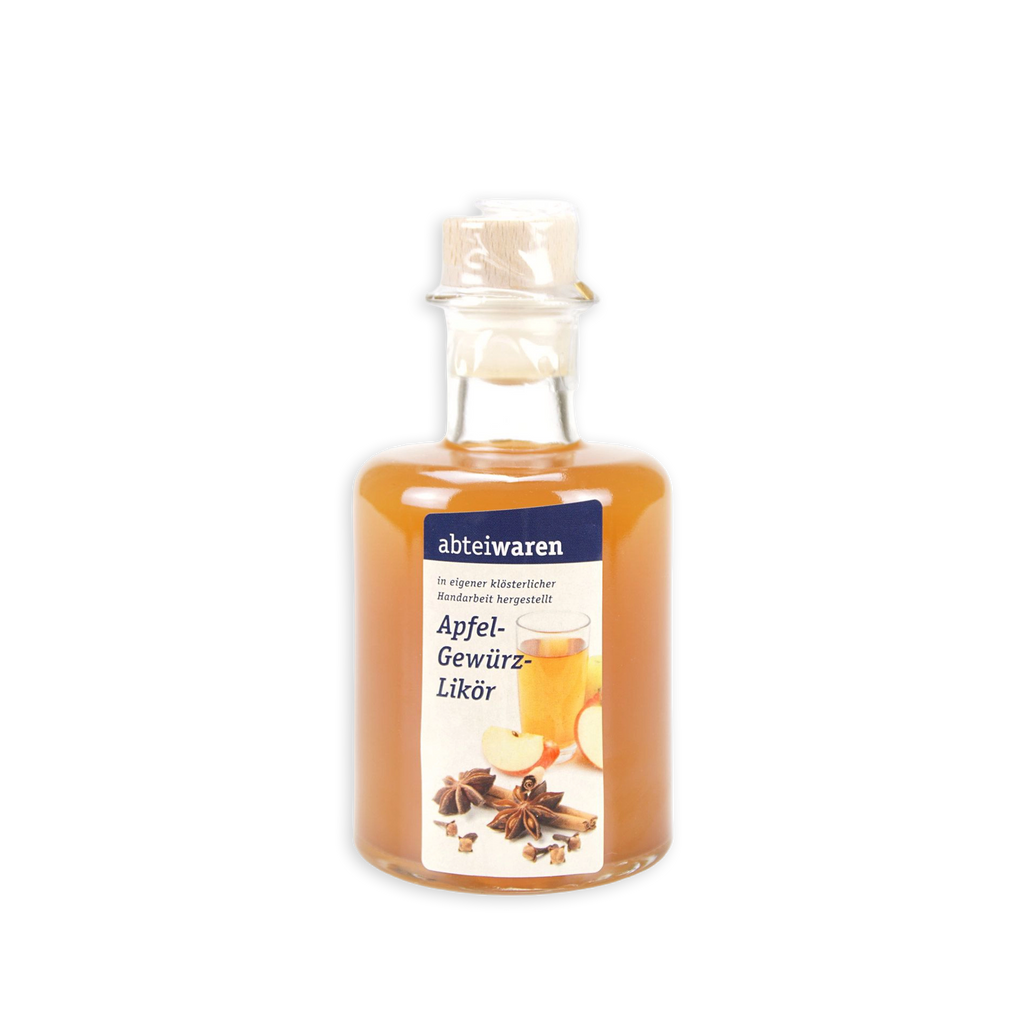 Flasche Apfel-Gewürz-Likör von Abteiwaren mit Apfel, Zimt und Sternanis auf dem Etikett