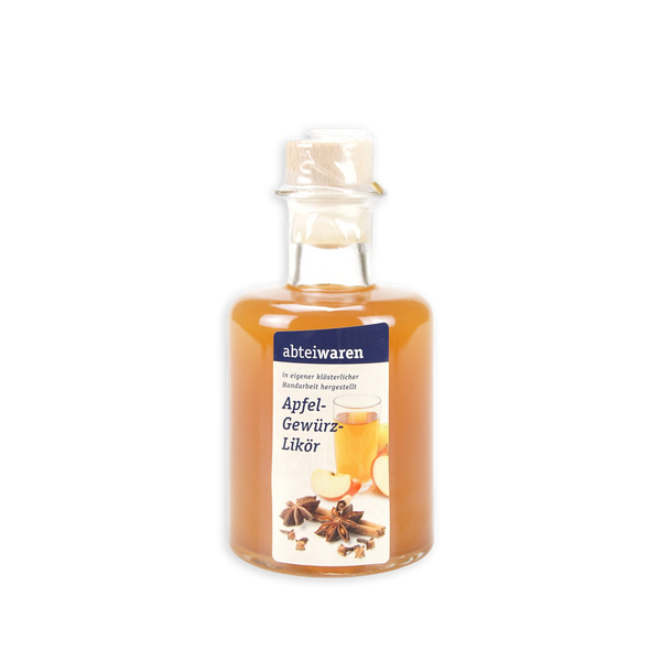Flasche Apfel-Gewürz-Likör von Abteiwaren mit Apfel, Zimt und Sternanis auf dem Etikett