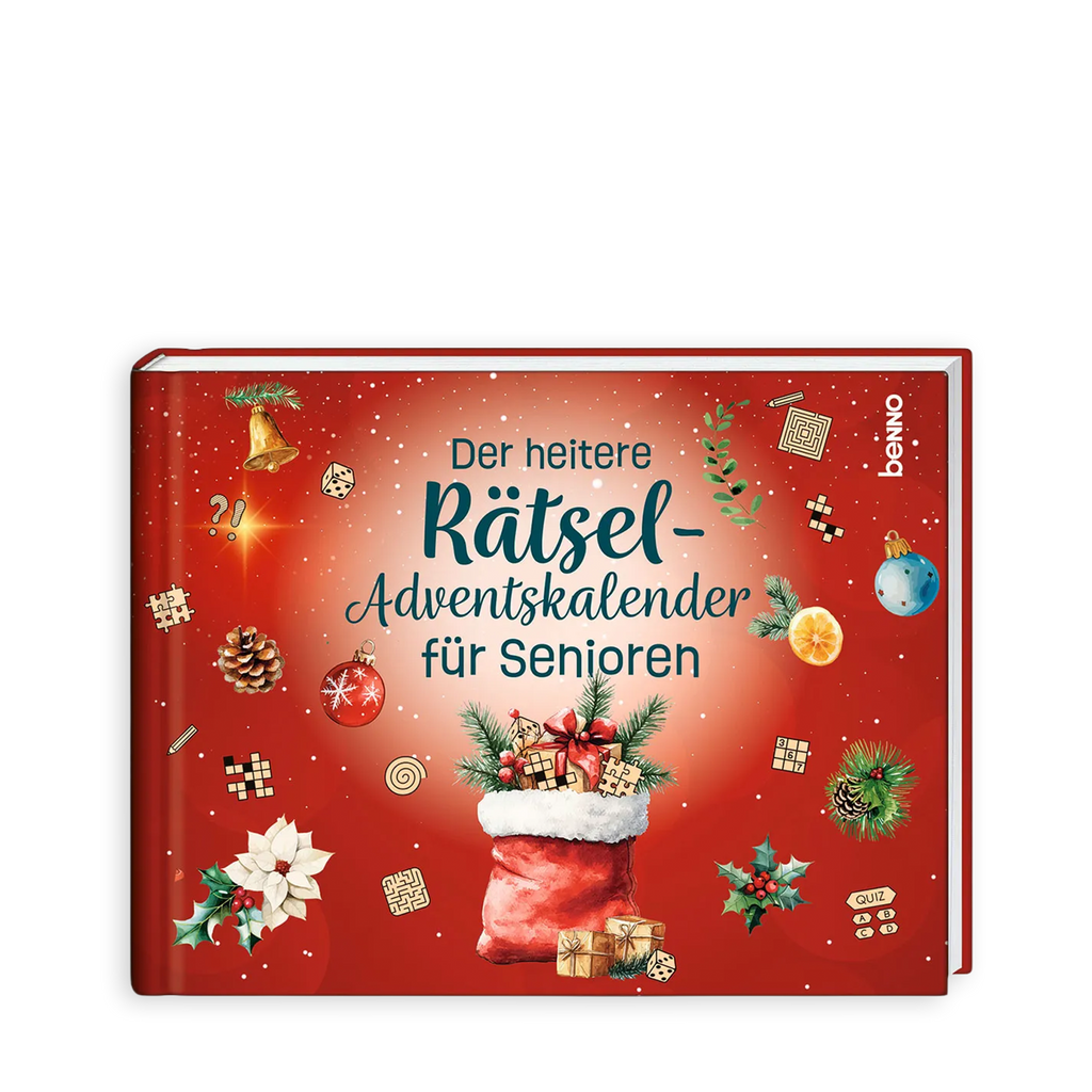 Roter Adventskalender "der heitere Rätsel-Adventskalender" für Senioren mit Weihnachtlicher Deko