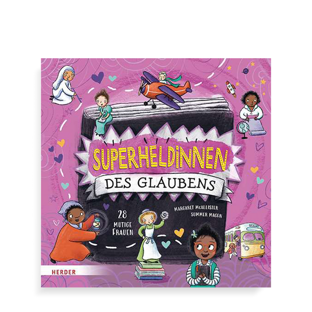 Buchcocer Superheldinnen des Glaubens mit Illustrationen von unterschiedlichen Frauen in Flugzeugen auf lilanem Hintergrund