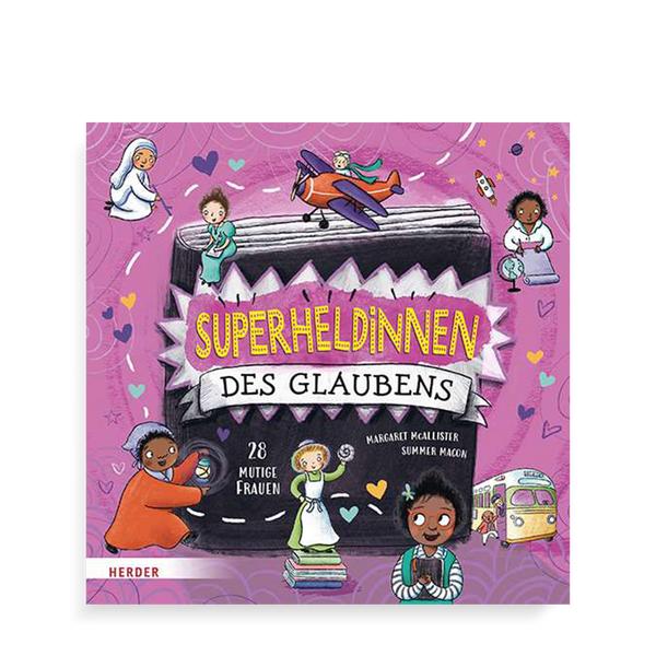 Buchcocer Superheldinnen des Glaubens mit Illustrationen von unterschiedlichen Frauen in Flugzeugen auf lilanem Hintergrund