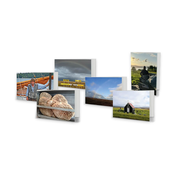 6 Klappkarten, Motive aus Diaspora, Landschaftsbilder, Feld mit Himmel und Regenbogen, Kloster auf großer Wiese, bewölkter Himmel mit Straßenschildern, Brote in Korb, Fischer vor Boot am See