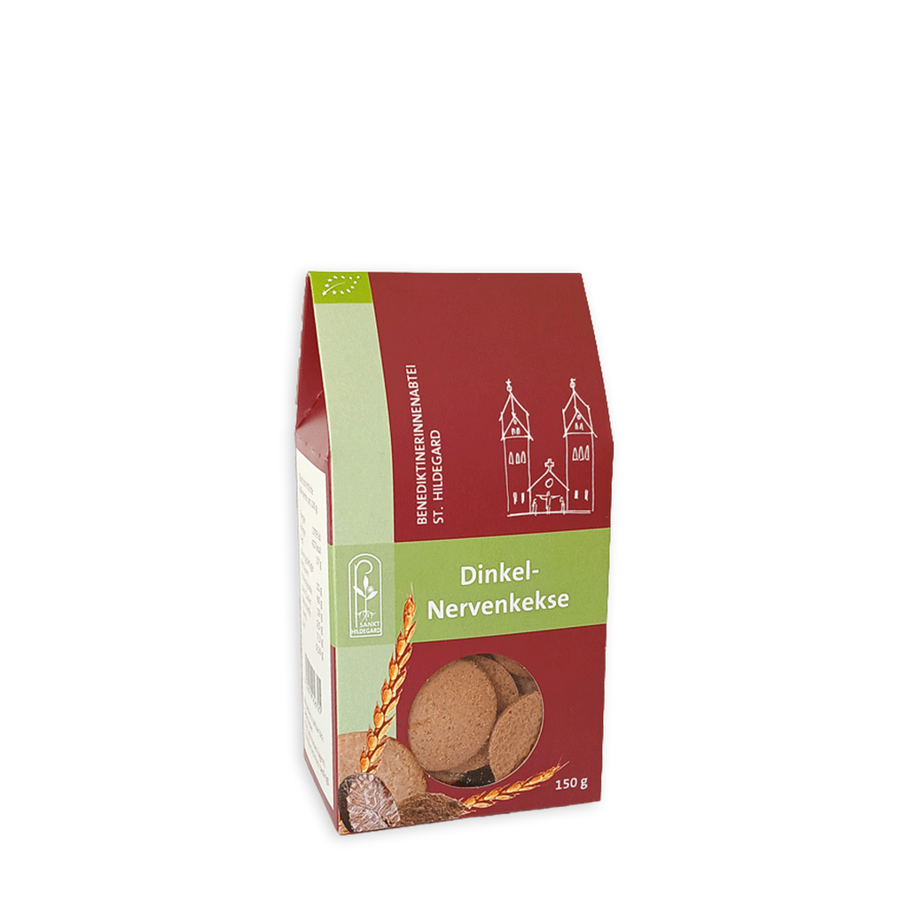 Verpackung der Dinkel-Nervenkekse aus der Benediktinerinnenabtei St. Hildegard mit Dinkelgebäck in einer 150-g-Packung.