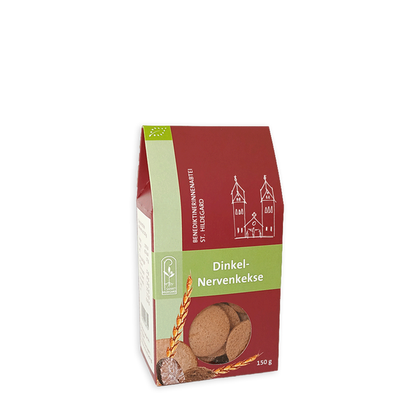 Verpackung der Dinkel-Nervenkekse aus der Benediktinerinnenabtei St. Hildegard mit Dinkelgebäck in einer 150-g-Packung.