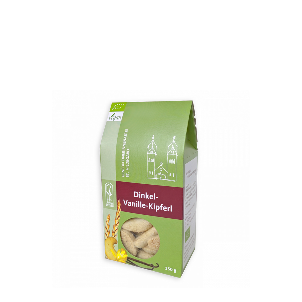 Verpackung der Dinkel-Vanillekipferl aus der Benediktinerinnenabtei St. Hildegard mit feinem Dinkelgebäck in einer 150-g-Packung.