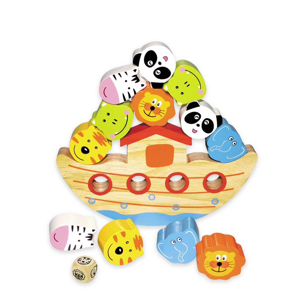 Balancespiel Arche Noah aus Holz mit bunten Tierfiguren und Würfel für Kinder ab 4 Jahren
