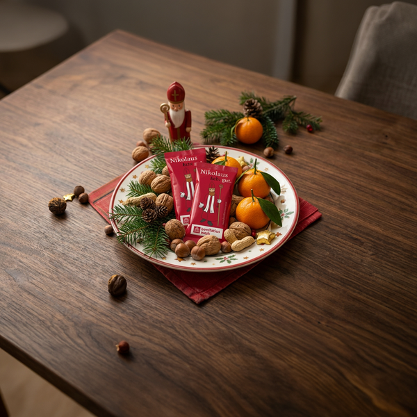 Rotes Gummibärchen auf Teller mit Nüssen und Weihnachtsschmuck